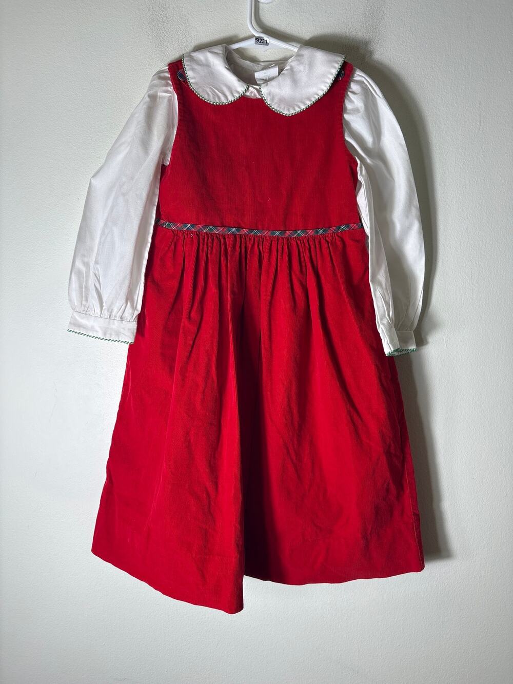 Girls Vintage Red Corduroy Dress with White Blouse Covered buttons Sz 5